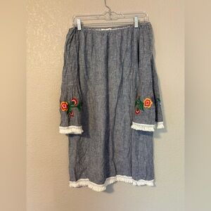 Off the Shoulder Blue Dress - Pinstripes with Colorful Floral Embroidery